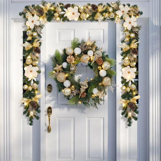 6ft Battery Operated Pre-Lit Christmas Garland with 20 LED Lights – Gold Berries & Pinecones Holiday Décor
