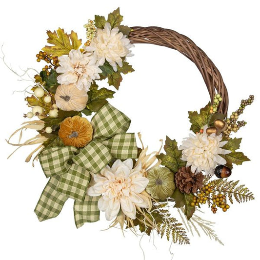 24" Artificial Flower & Pumpkin Harvest Wreath – White/Green