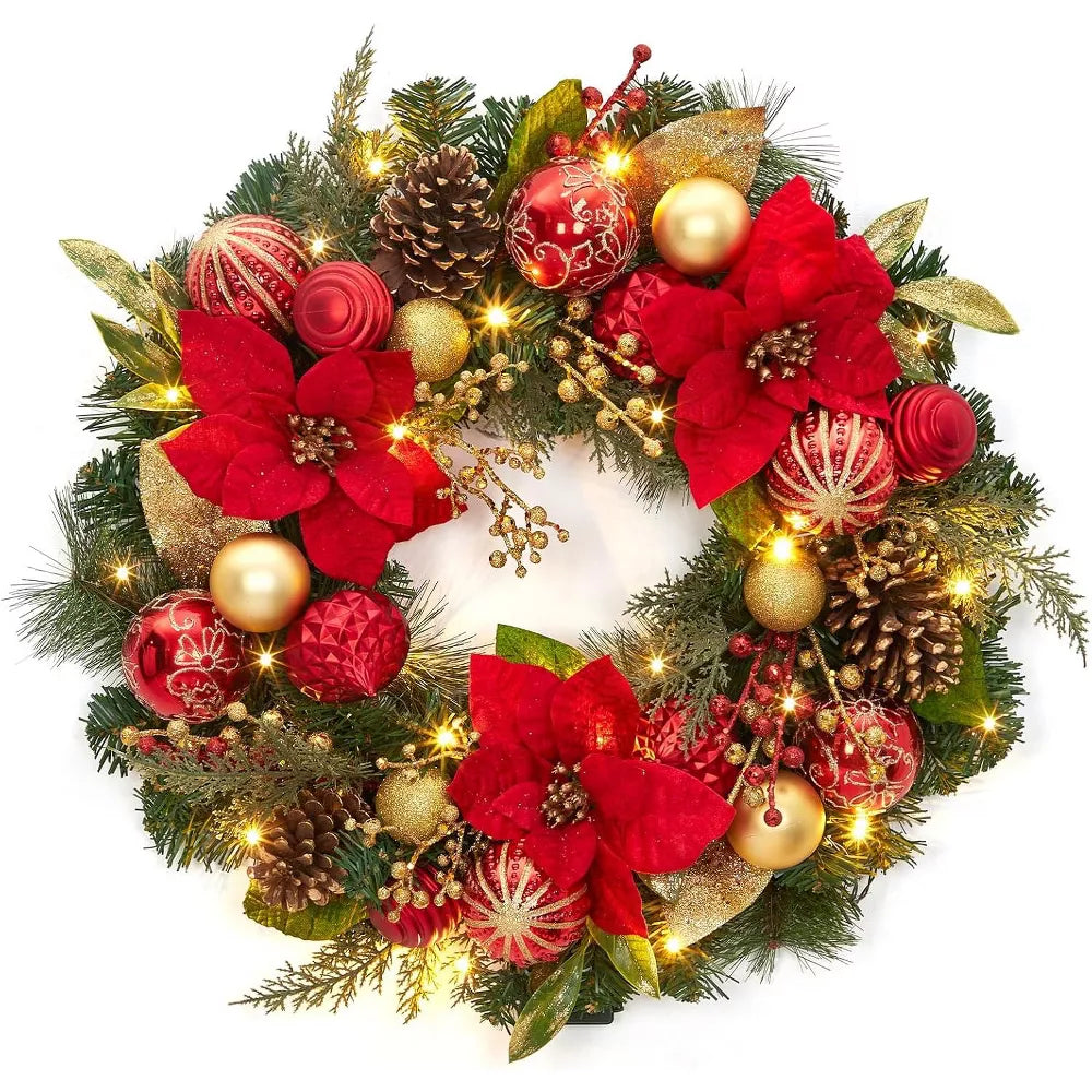 24 Inch Christmas Wreath – Battery Operated Lights, Red & Gold Poinsettia Balls