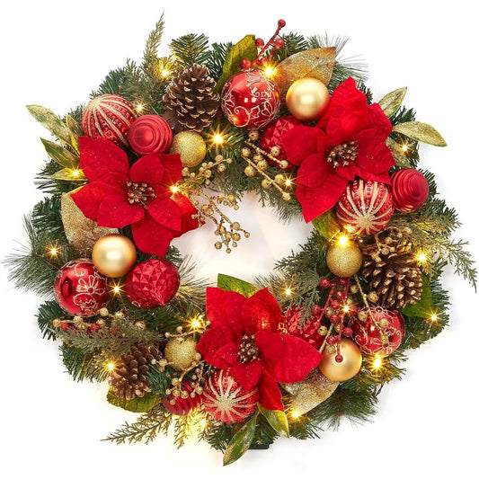 24 Inch Christmas Wreath – Battery Operated Lights, Red & Gold Poinsettia Balls