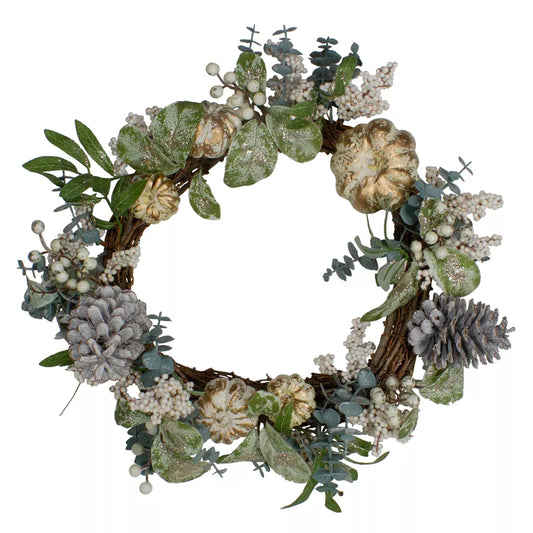 18 Inch Neutral Colored Pumpkin and Pine Cones Fall Harvest Wreath Unlit