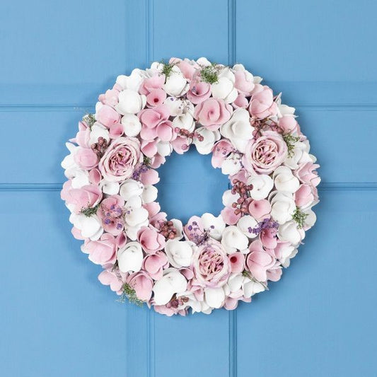 13.5" Artificial Spring Wreath with Wooden Flowers and Berries Pink & White