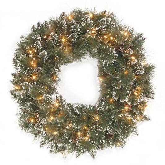 Prelit Glittery Bristle Pine 24 Inch Artificial Christmas Wreath Clear Lights
