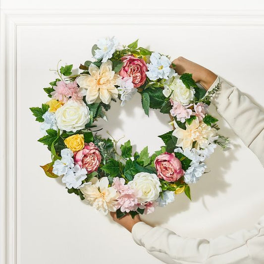 24" Artificial Peony and Hydrangea Wreath Pink White & Yellow Year-Round Floral Décor