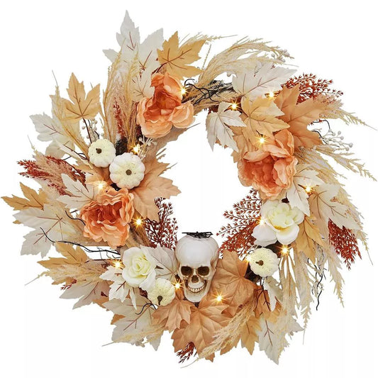 22 Inch Halloween Wreath with Lights – Skull, White Pumpkins & Roses Fall Maple Leaves Wreath for Front Door Decoration