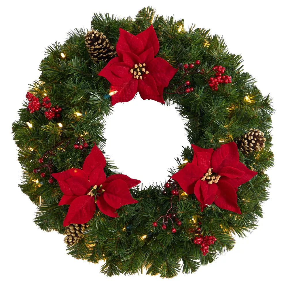 24 Inch Poinsettia, Berry and Pinecone Artificial Christmas Wreath with 50 Warm White LED Lights