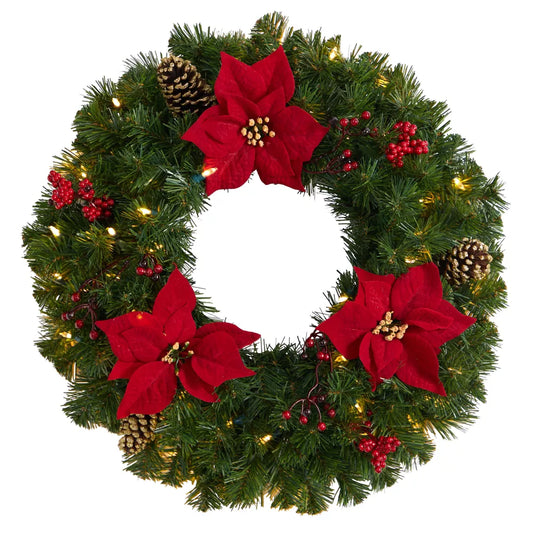 24 Inch Poinsettia, Berry and Pinecone Artificial Christmas Wreath with 50 Warm White LED Lights