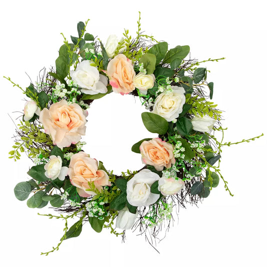 24 Inch Rose and Foliage Artificial Spring Wreath Unlit