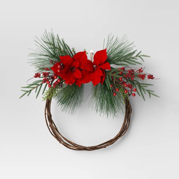 22-Inch Asymmetrical Red Poinsettia Wreath Unlit Christmas Floral Door Décor