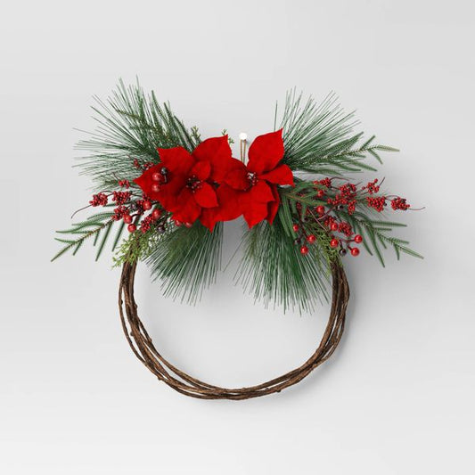 22-Inch Asymmetrical Red Poinsettia Wreath Unlit Christmas Floral Door Décor