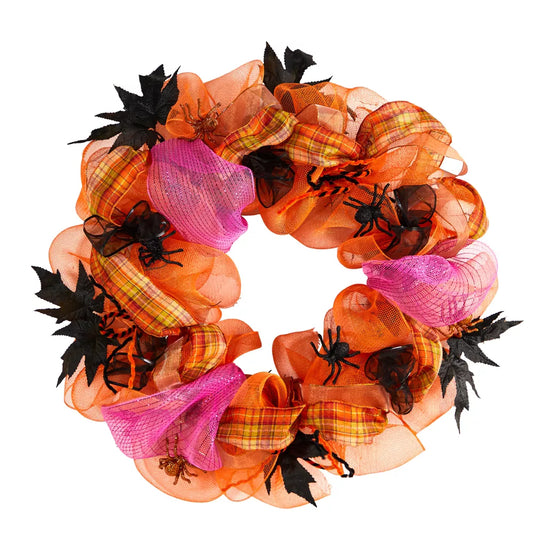 Nearly Natural 26-Inch Halloween Spider Mesh Wreath – Creepy Black Decorative Door Accent