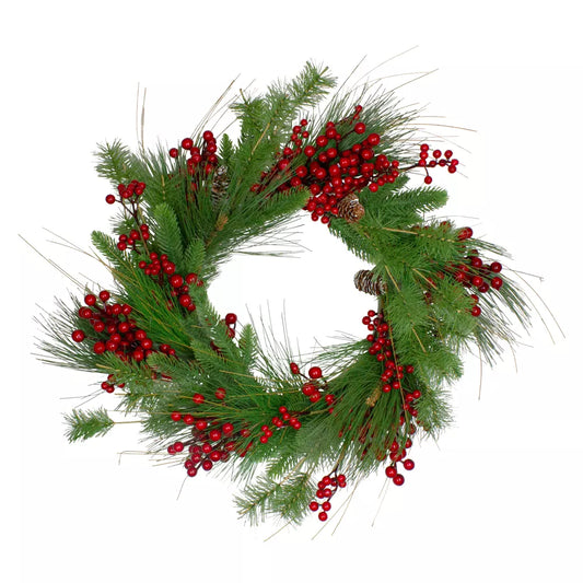 24 Inch Real Touch Mixed Pine and Berry Artificial Christmas Wreath Unlit