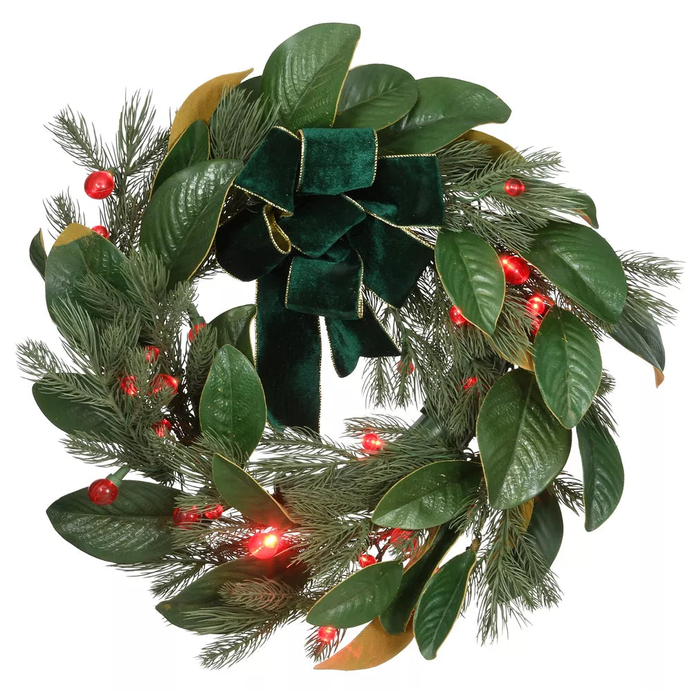 24" Pre-Lit Magnolia Pine Christmas Wreath with Bow – Warm White LED