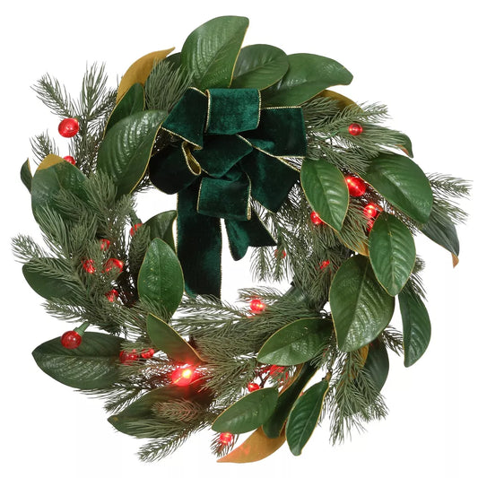 24" Pre-Lit Magnolia Pine Christmas Wreath with Bow – Warm White LED