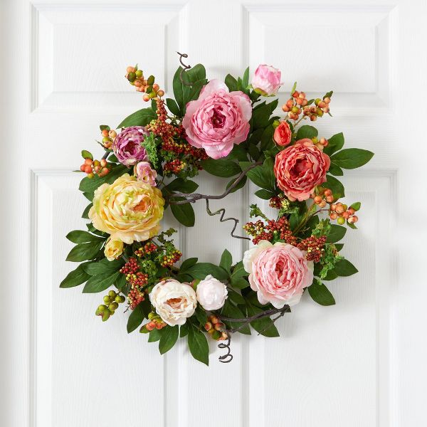 Nearly Natural 20-in Mixed Peony & Berry Wreath