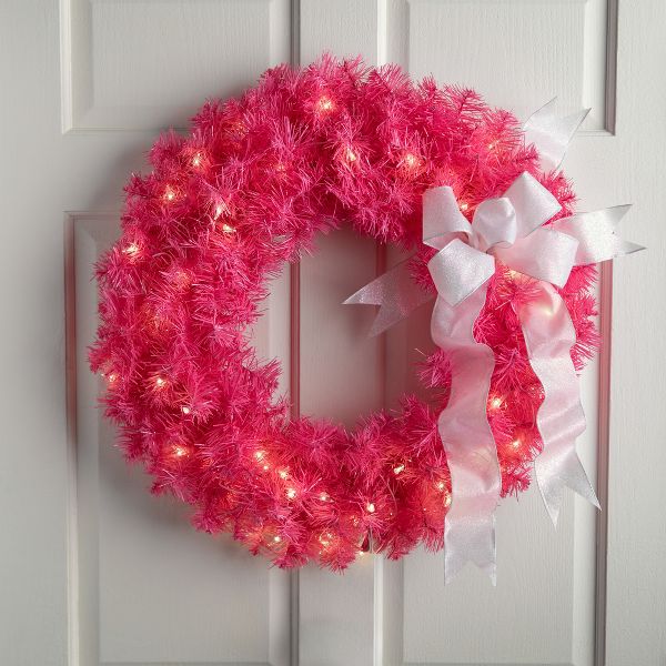 Northlight Pre-Lit Tinsel Artificial Christmas Wreath 24" Pink Clear Lights