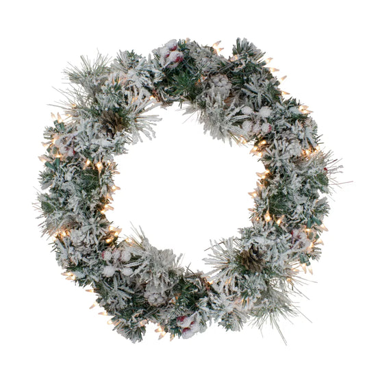 24 Inch Pre-Lit Heavily Flocked Pine Artificial Christmas Wreath Clear Lights
