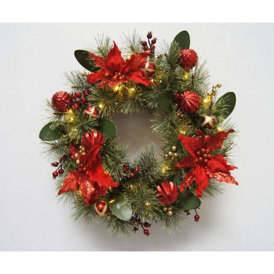 24" Pine Wreath with Poinsettias & LED Lights – Holiday Decor