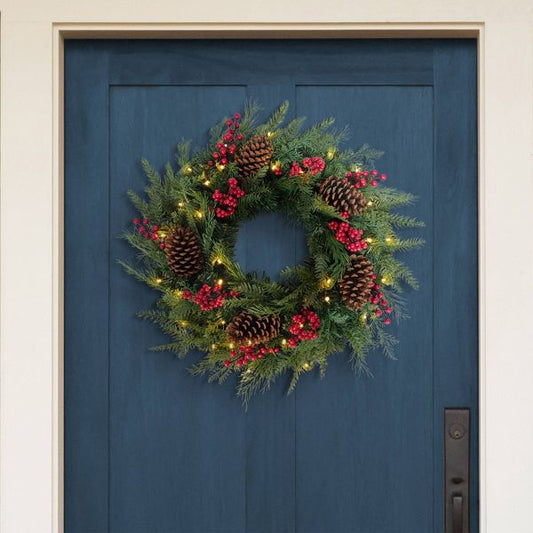 24" Pre-Lit Adorned Wreath with Warm White LED Lights