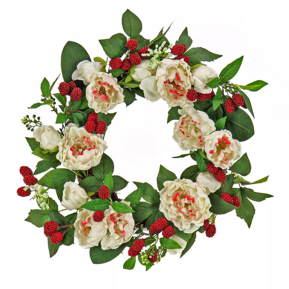 Artificial Peony Raspberry Wreath 22 Inch Woven Branch Base Seasonal Decoration