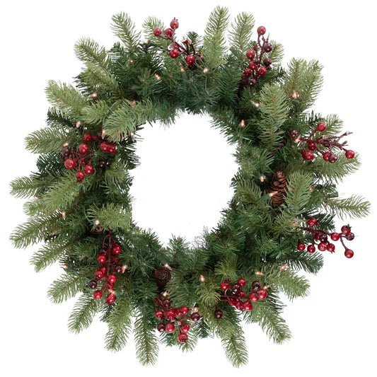 24 Inch Pre-Lit Real Touch Noble Fir with Berries Artificial Christmas Wreath Clear Lights