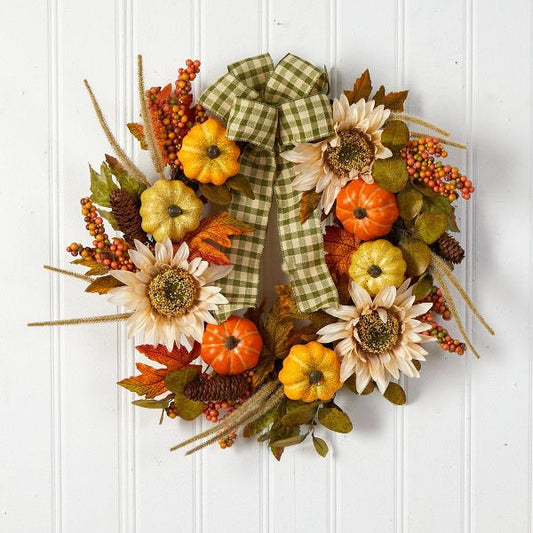24" Fall Pumpkin Sunflower Wreath with Ribbon – Autumn Decor