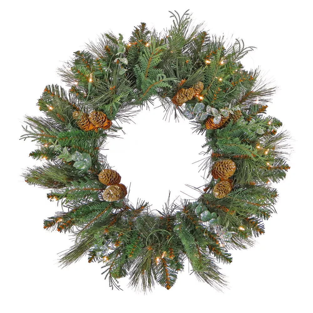 Pre-Lit LED Flocked Christmas Wreath 30 Inch Pinecones Warm White Lights Holiday Decoration