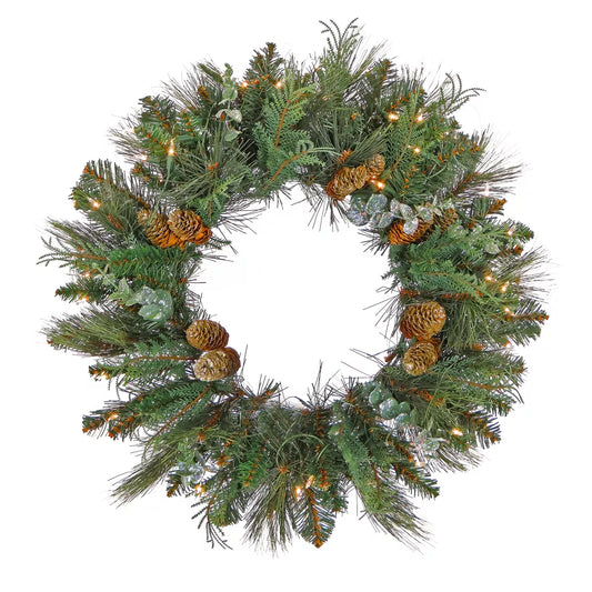Pre-Lit LED Flocked Christmas Wreath 30 Inch Pinecones Warm White Lights Holiday Decoration
