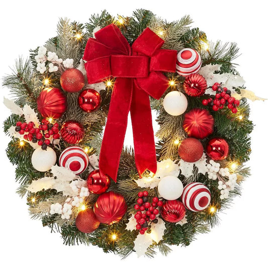 24" Pre-Lit Christmas Wreath with Lights & Ball Ornaments – Red and White Front Door Holiday Décor