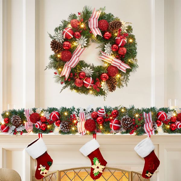 24" Pre-Lit Christmas Wreath with Red Berries & LED Lights