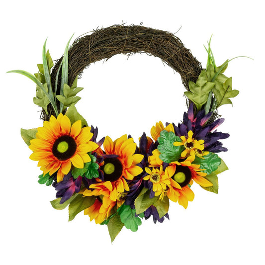 20-Inch Sunflower and Mum Autumn Artificial Wreath – Fall Floral Décor
