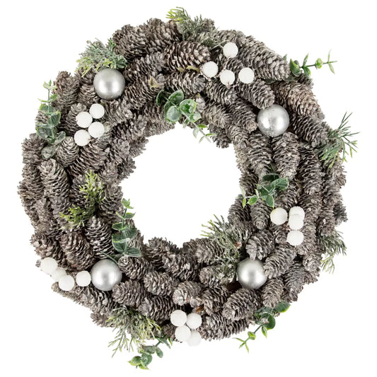 12.5 Inch White Berry and Pinecone Foliage Christmas Ornament Wreath Unlit