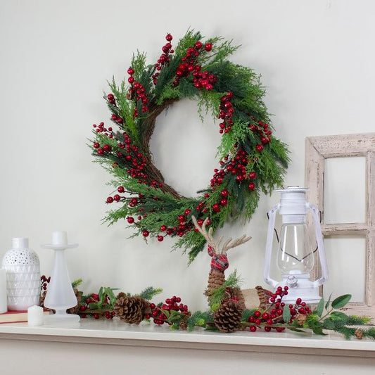 Mixed Pine Red Berries 26 Inch Artificial Holiday Christmas Wreath