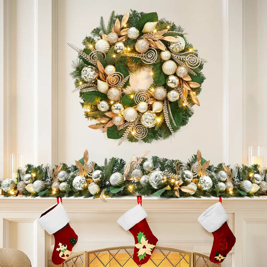 Pre-Lit 24-Inch Artificial Christmas Wreath with Gold Leaves, Balls, and Pine Cones – Front Door Holiday Decor