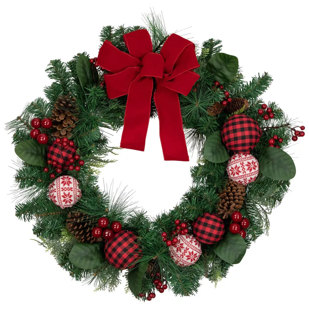 Red Bow Mixed Foliage Christmas Wreath 30 Inch Artificial Holiday Decoration with Ornaments