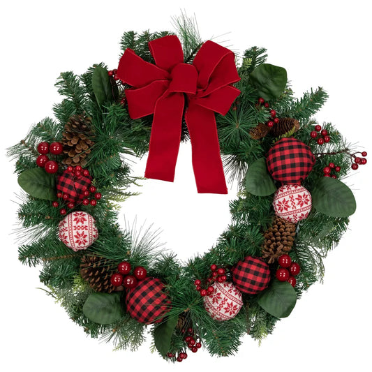 Red Bow Mixed Foliage Christmas Wreath 30 Inch Artificial Holiday Decoration with Ornaments