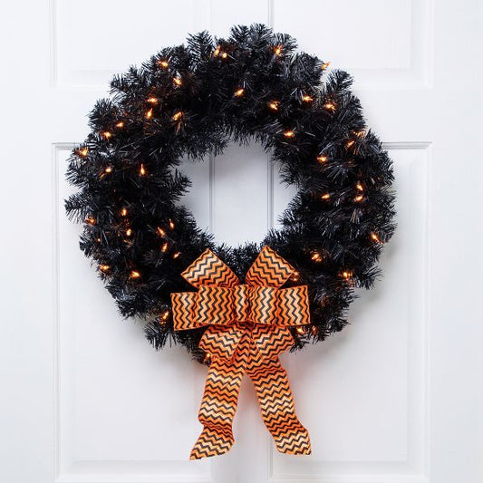 24 Inch Pre-Lit Noble Spruce Halloween Wreath with Orange Lights