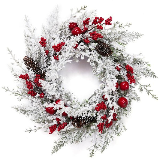 now Flocked Christmas Wreath with Red Berries Pinecones Front Door