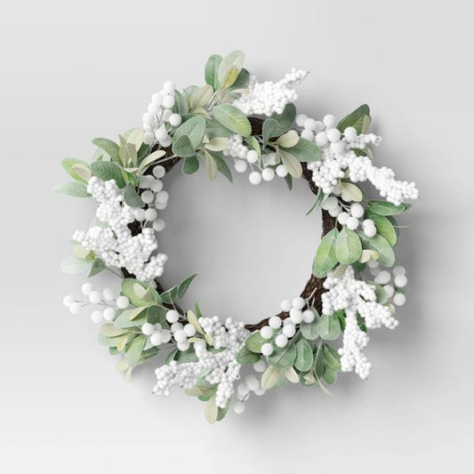 22-Inch Unlit Lamb’s Ear and White Berry Wreath Soft Greenery Christmas Door Décor