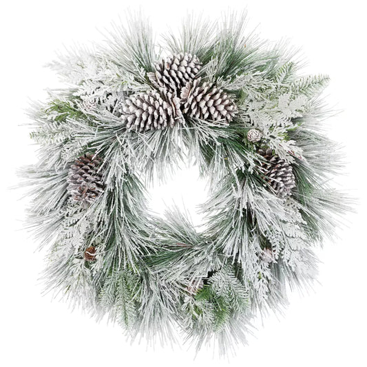 26-Inch Snowy Long Needle Pine and Pinecone Artificial Christmas Wreath - Unlit