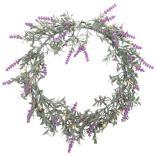 16-Inch Pre-Lit White and Lavender Spring Wreath Battery Operated with Clear LED Lights