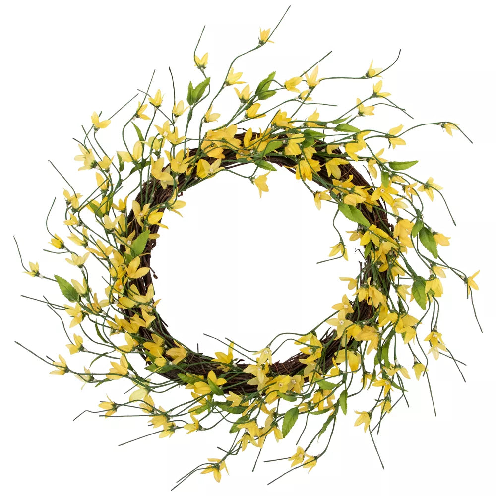 12 Inch Yellow Nature Inspired Forsythia Artificial Floral Spring Wreath Unlit