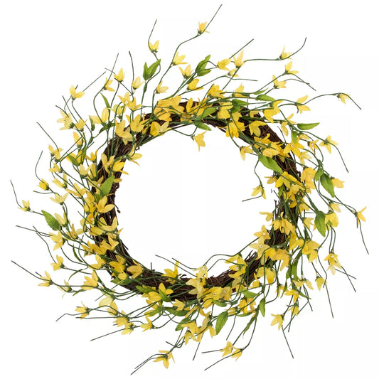 12 Inch Yellow Nature Inspired Forsythia Artificial Floral Spring Wreath Unlit