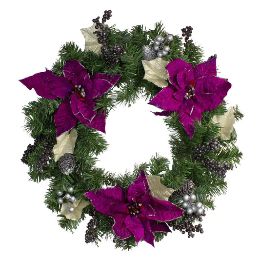 24 Inch Purple Poinsettia and Silver Pinecone Christmas Wreath Unlit
