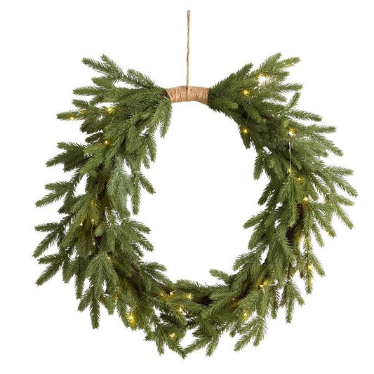 24" Pre-Lit Cascading Pine Wreath – LED Christmas Decor