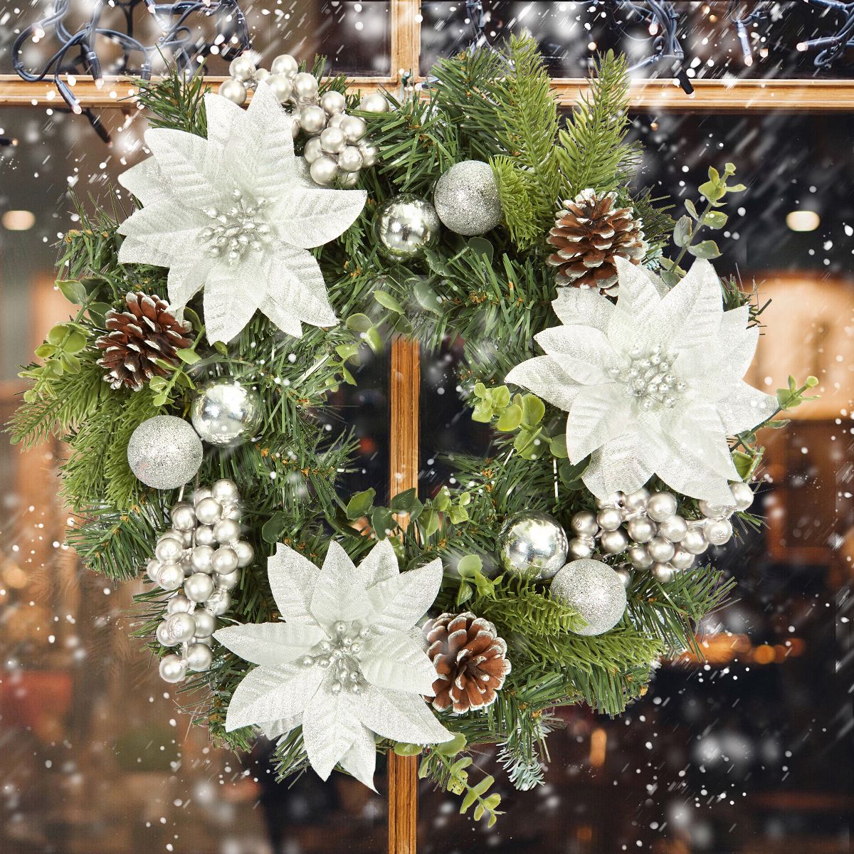 16 Inch Artificial Christmas Wreath with Silver Flowers, Berries, and Pine Cones – Holiday Décor