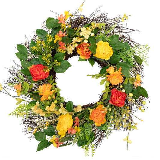 20-Inch Ranunculus and Rose Floral Spring Wreath – Orange and Yellow Artificial Décor