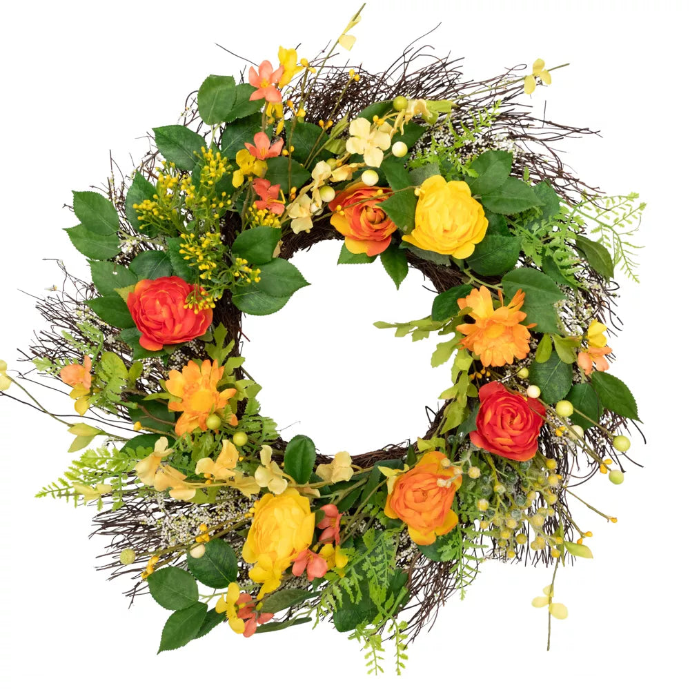 20 Inch Ranunculus and Rose Floral Spring Wreath Orange and Yellow