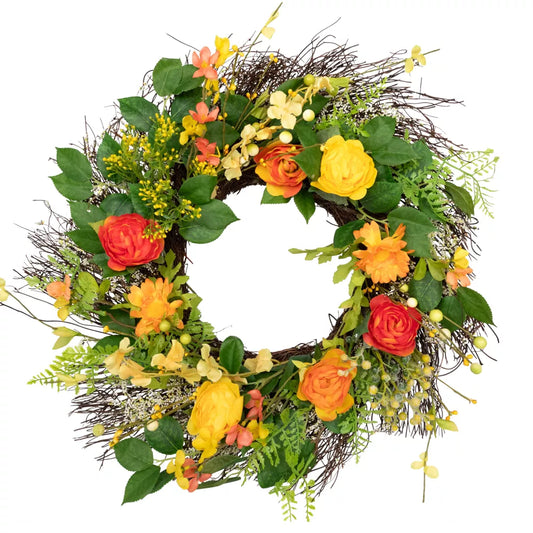 20 Inch Ranunculus and Rose Floral Spring Wreath Orange and Yellow