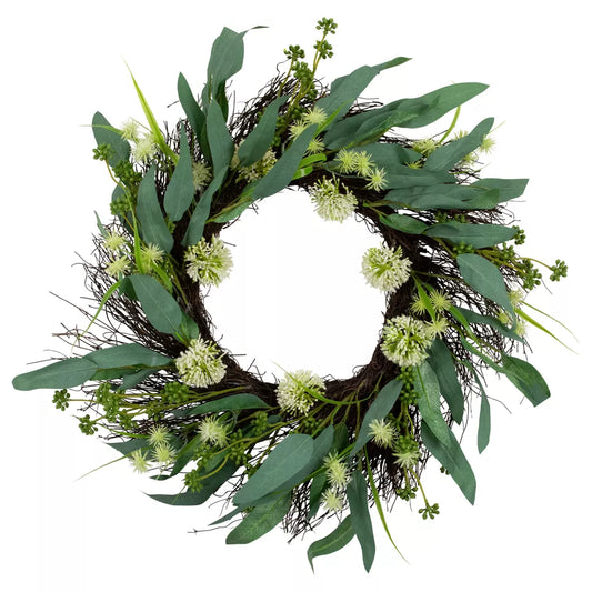 Northlight 24" Eucalyptus and Sweet Gum Flowers Twig Spring Wreath – Green and White Artificial Floral Wreath